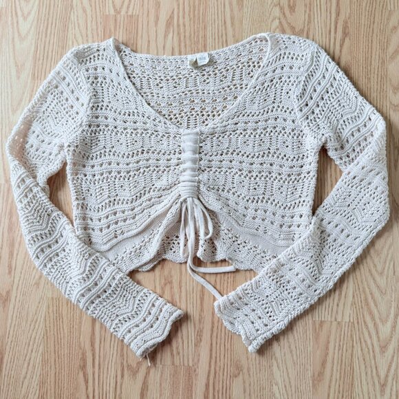 Boho Cream Crochet Knit Crop Sweater Top Size XL Sky and Sparrow Long Sleeve - Picture 3 of 10